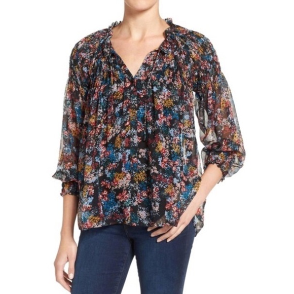 Ella Moss Wildflower Peasant Blouse Smocked Floral - Picture 1 of 12